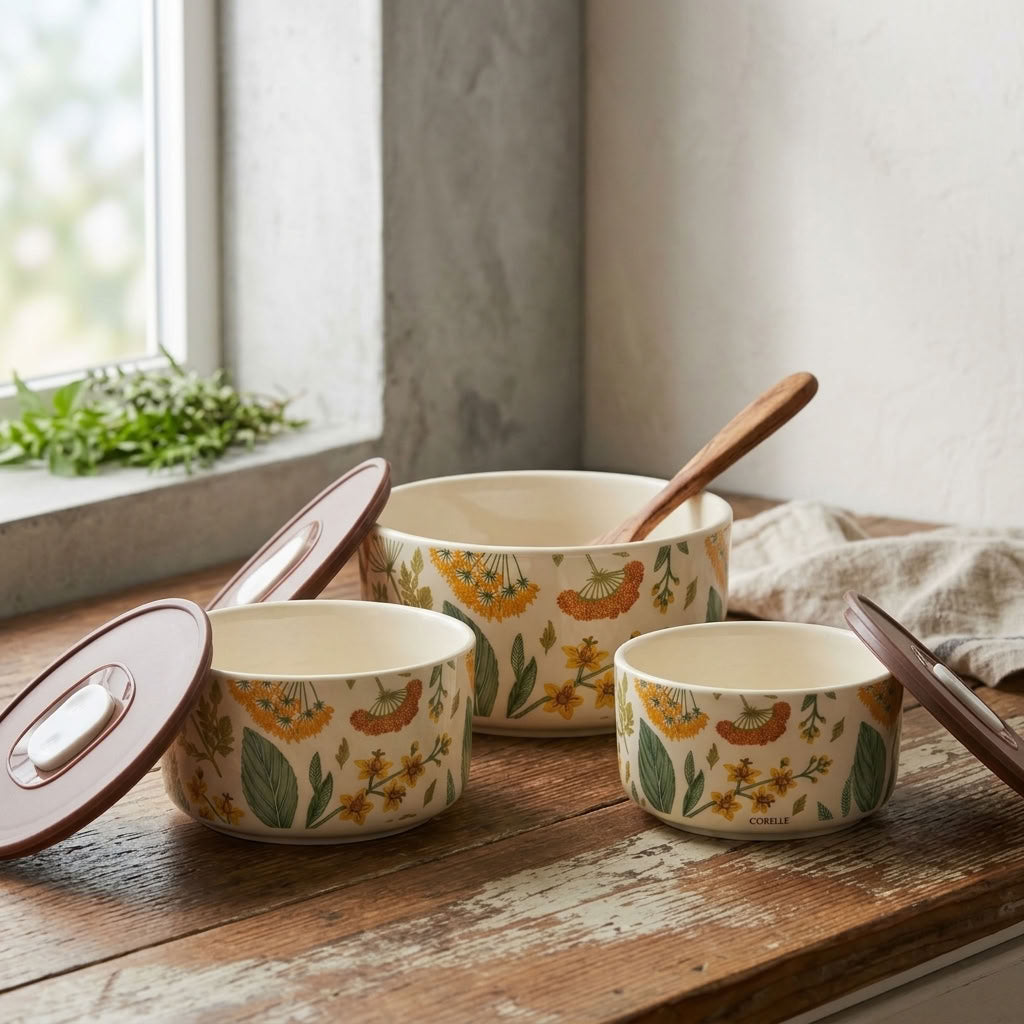 Botanical Airtight Ceramic Storage Containers – Set of 3 | Elegant Floral Pattern Bowls