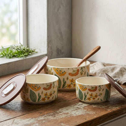 Botanical Airtight Ceramic Storage Containers – Set of 3 | Elegant Floral Pattern Bowls