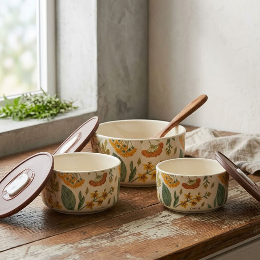 Botanical Airtight Ceramic Storage Containers – Set of 3 | Elegant Floral Pattern Bowls