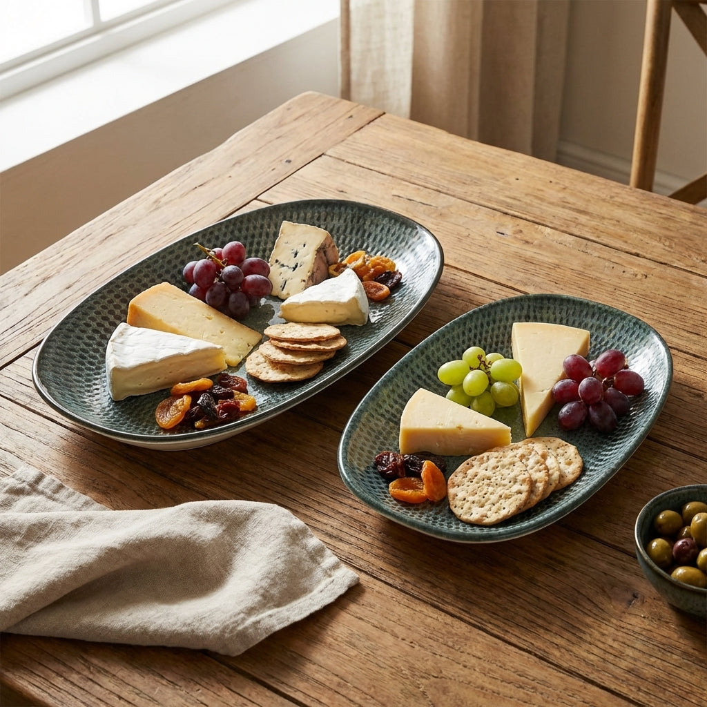 Two green ceramic platters with cheese, crackers, and fruits on a wooden table.