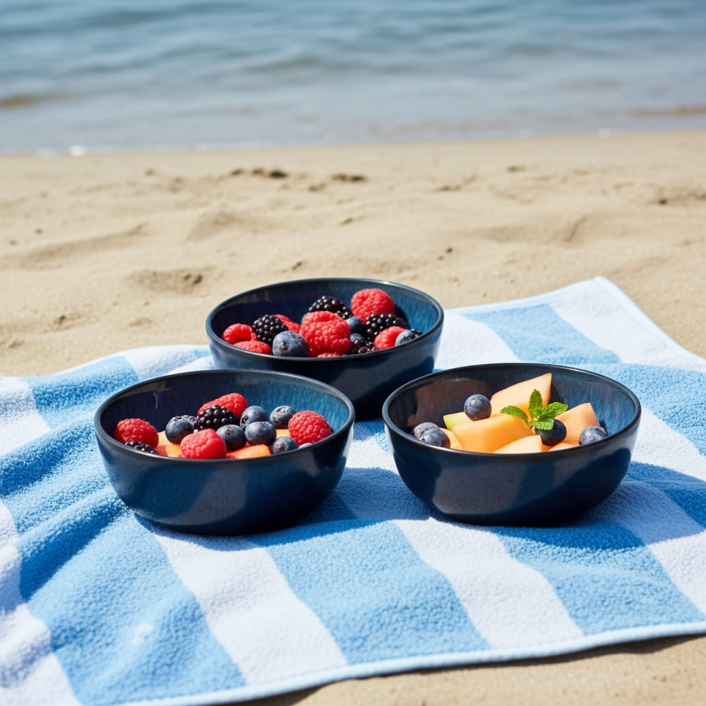 Three bowls of fruit on a blue and white checkered towel by the beach.