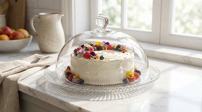 Decorative cake with colorful flowers under a glass dome on a kitchen counter.