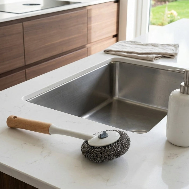 Cleaning tool on a kitchen counter with sink and wooden cabinets in the background