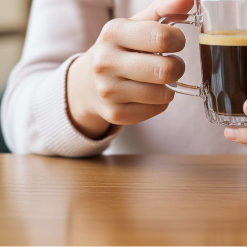 Person holding a clear mug with coffee, wearing a light-colored sweater.