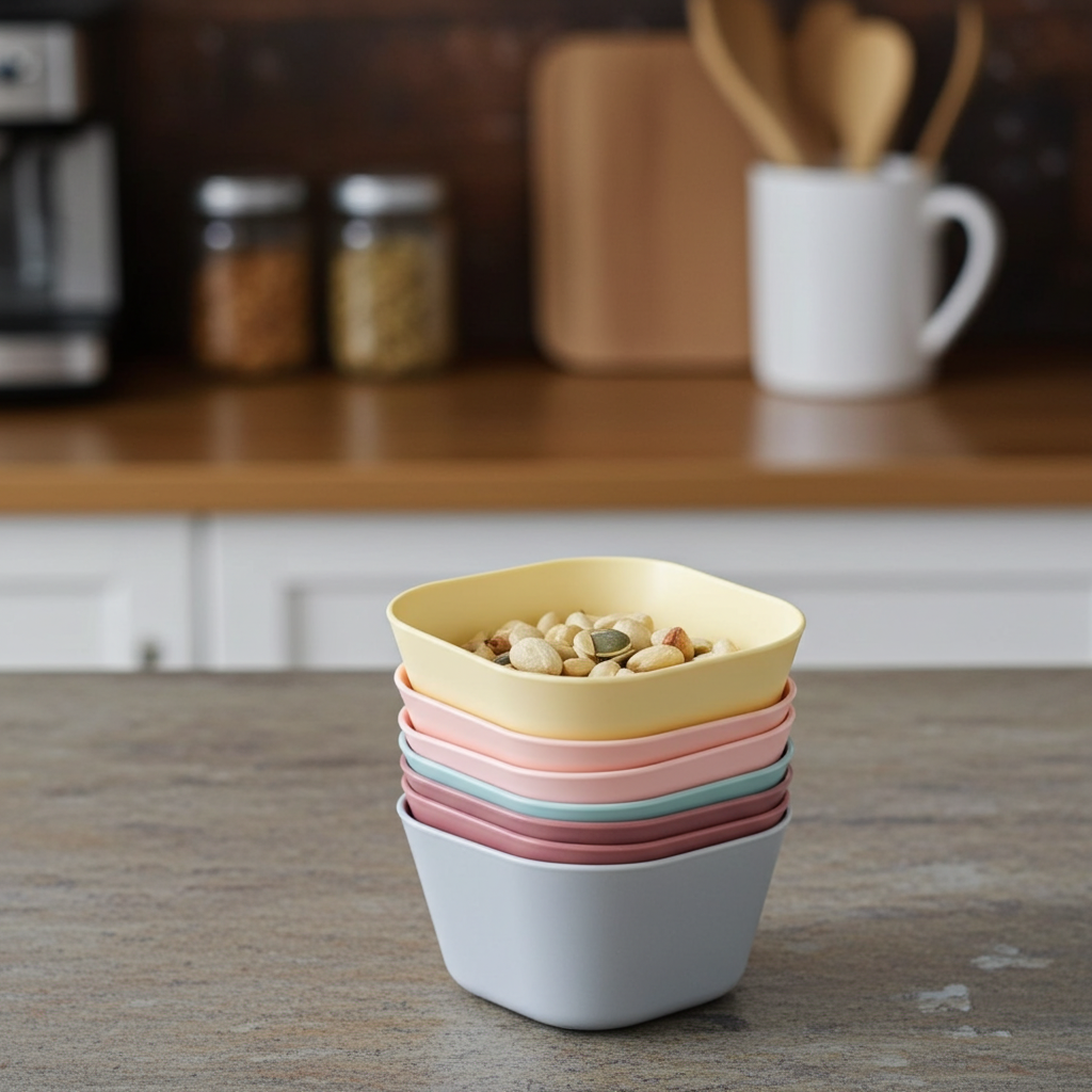 Stack of colorful ceramic bowls on a wooden surface with kitchen items in the background.