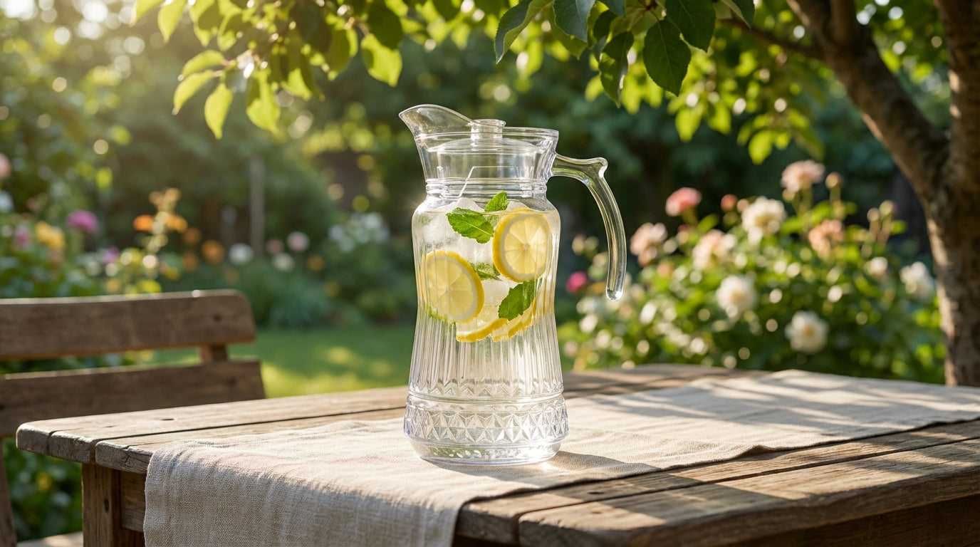 Pitcher of lemon water on a wooden table outdoors with greenery in the background