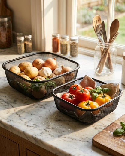 Two black mesh kitchen storage baskets on a marble countertop, filled with vegetables and herbs in a sunlit kitchen setting.