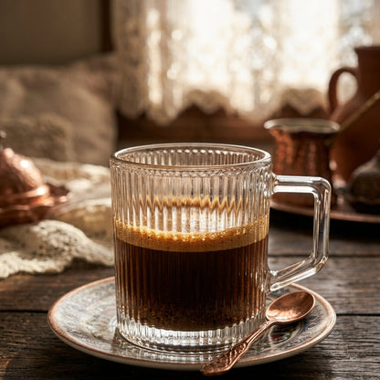 A ribbed clear glass mug filled with espresso sits on a matching saucer with a copper spoon, set on a rustic wooden table with a softly blurred vintage interior background.