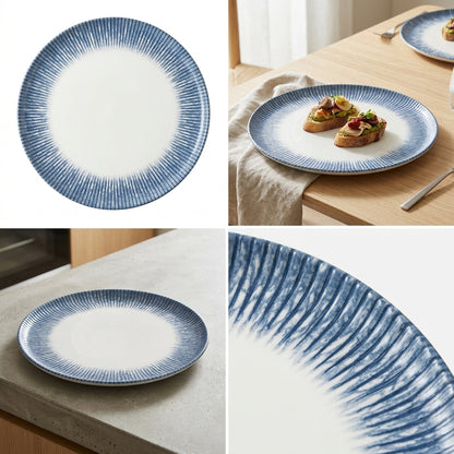 A square collage showing a blue-and-white ceramic plate from multiple angles: a clean studio-style top view, a lifestyle tabletop scene with food on the plate, a side view in a real kitchen setting, and a close-up of the blue radiating stripe pattern.
