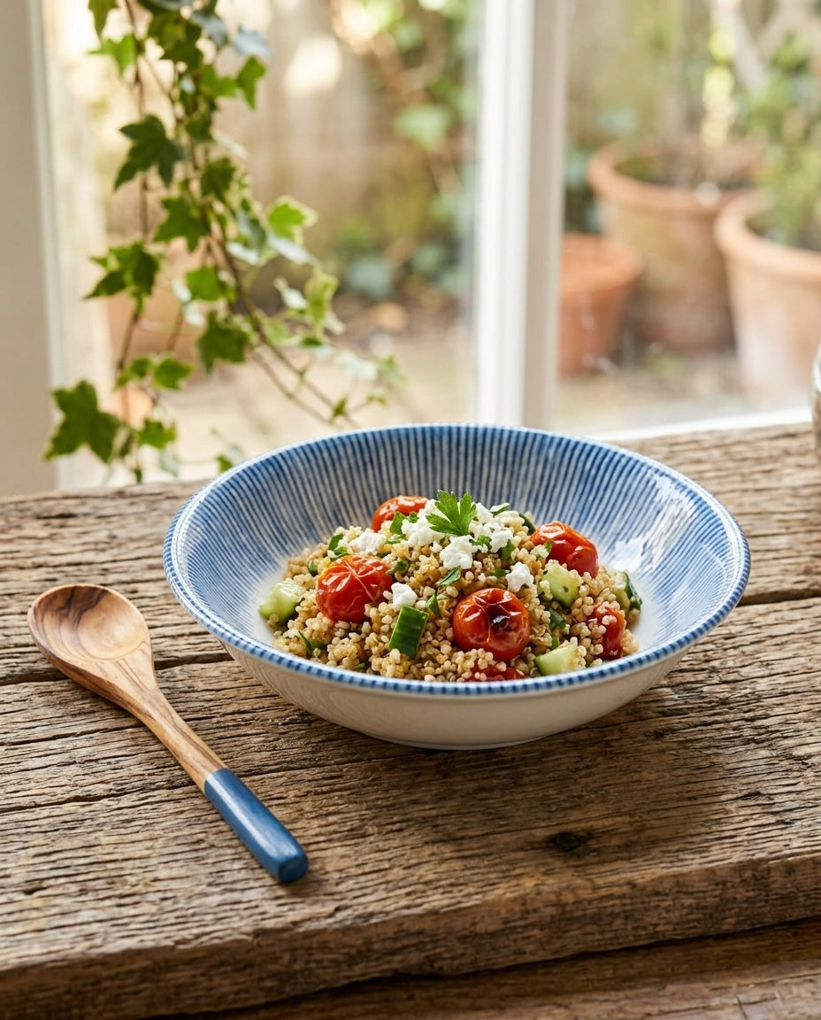 A bowl of Mediterranean-style quinoa salad with cherry tomatoes, cucumber, and feta cheese, served on a rustic wooden table with a wooden spoon in the foreground.