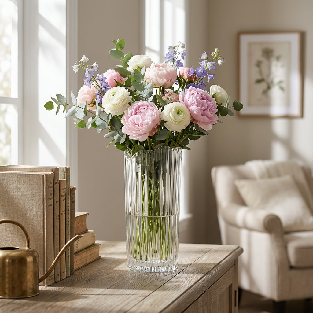 A clear ribbed glass vase filled with a bouquet of pink, white, and lavender flowers with green foliage, placed on a wooden table in a softly lit living room.