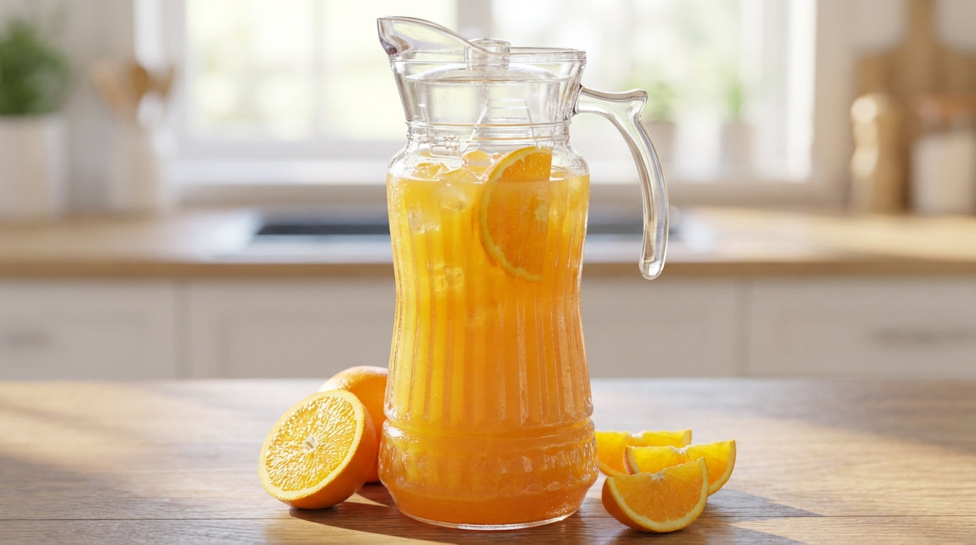 Clear pitcher filled with orange juice on a wooden countertop with sliced oranges.