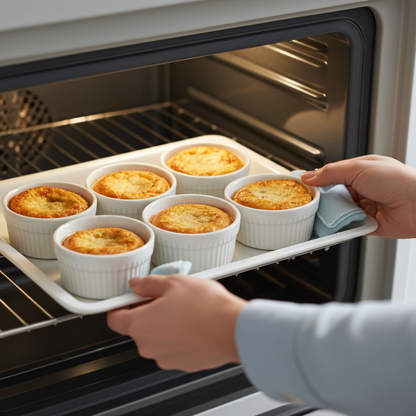 Person taking out a tray of baked dishes from an oven