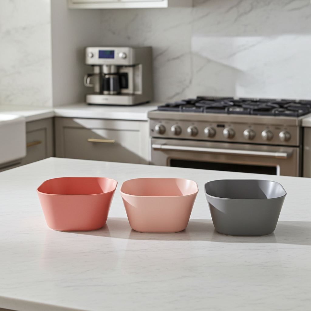 Three colorful bowls on a kitchen counter with a modern stove and coffee machine in the background.