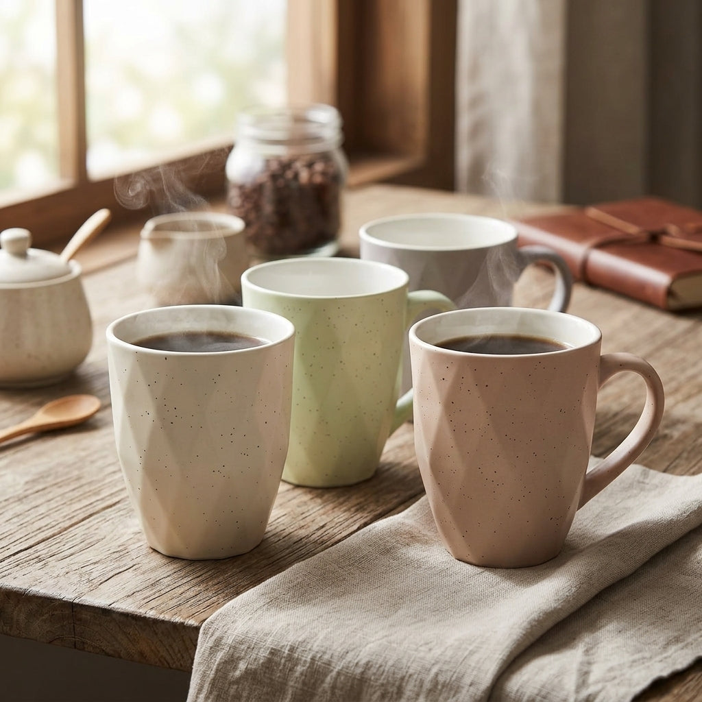 Four speckled ceramic mugs in neutral tones of cream, sage green, light gray, and blush pink, arranged on a rustic wooden table with coffee inside. A folded linen napkin, a sugar bowl, a wooden spoon, and a leather journal are visible in a softly lit indoor setting.