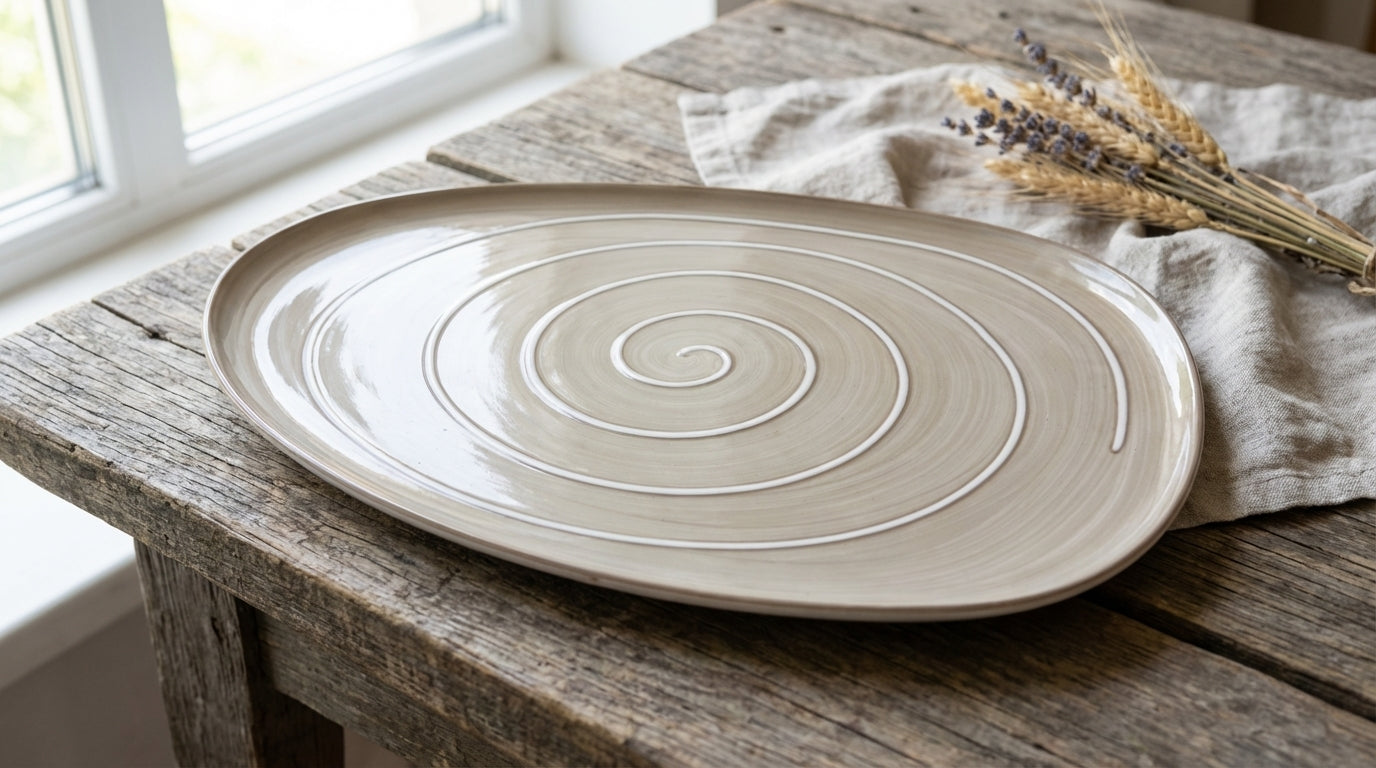 Ceramic plate with spiral design on a wooden table