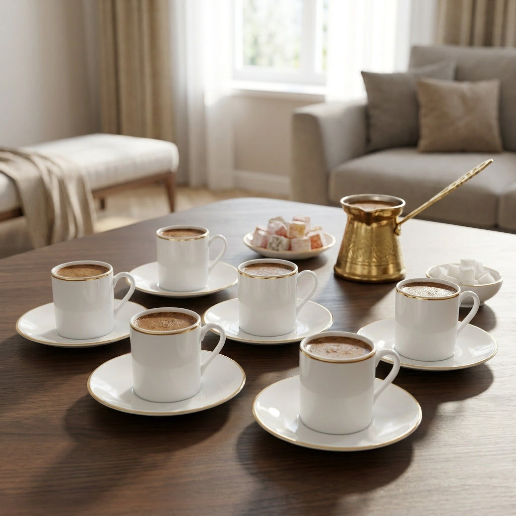 Café au lait served in white cups with saucers on a wooden table, with a gold coffee pot and snacks in the background.