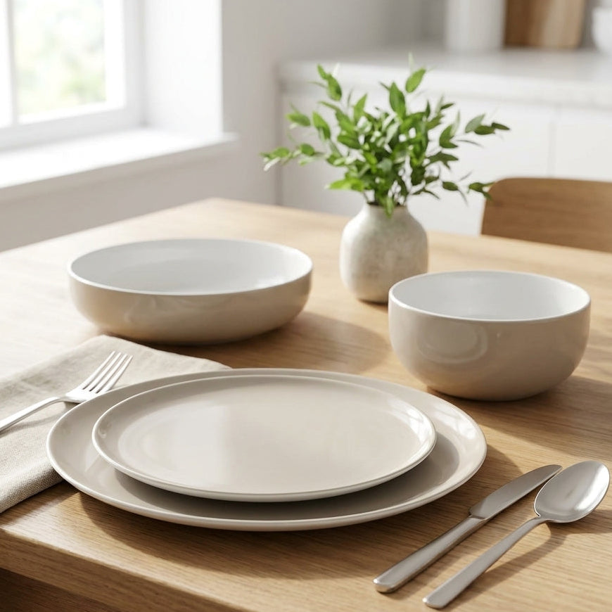 Dining table set with beige bowls and plates, silverware, and a vase with greenery.