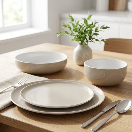 Dining table set with beige bowls and plates, silverware, and a vase with greenery.