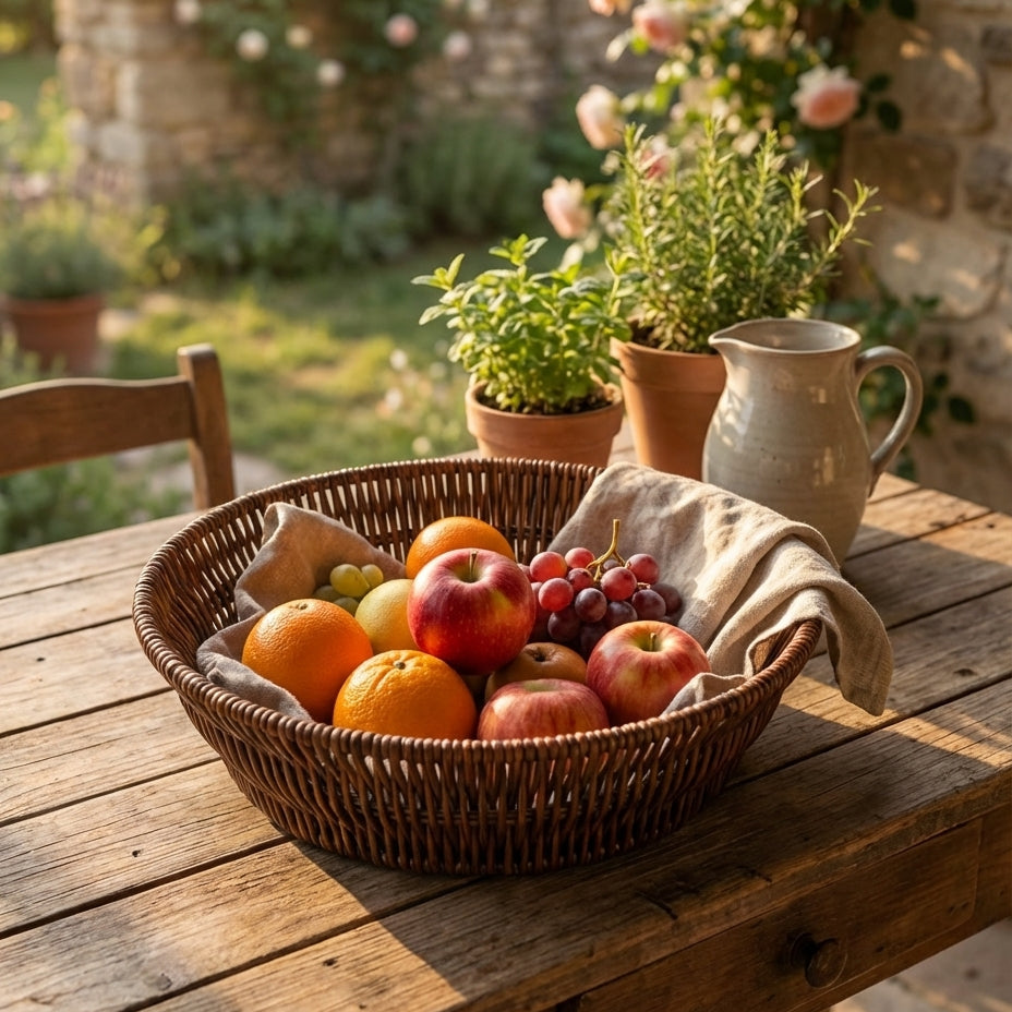 Basket of fruits and vegetables on a wooden table with a garden background