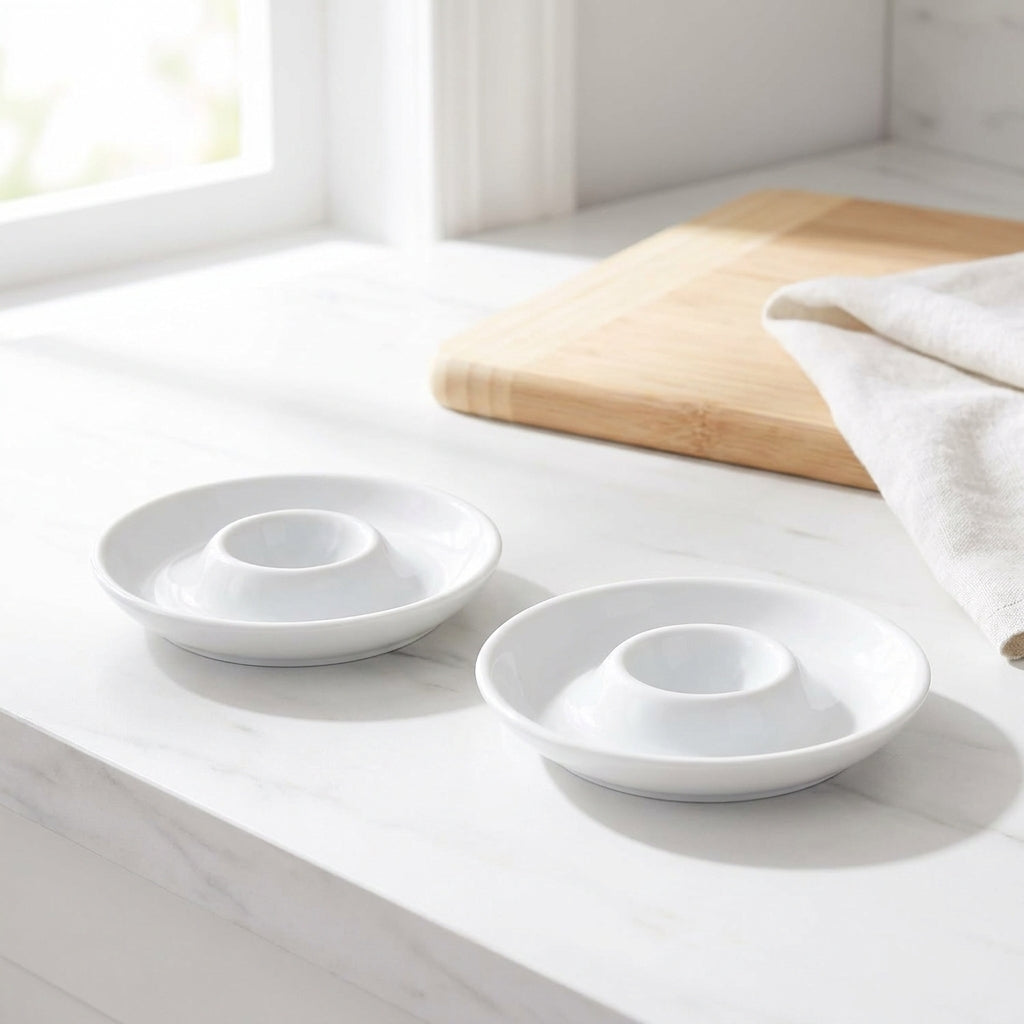 Two white ceramic bowls on a light wooden surface with a neutral background