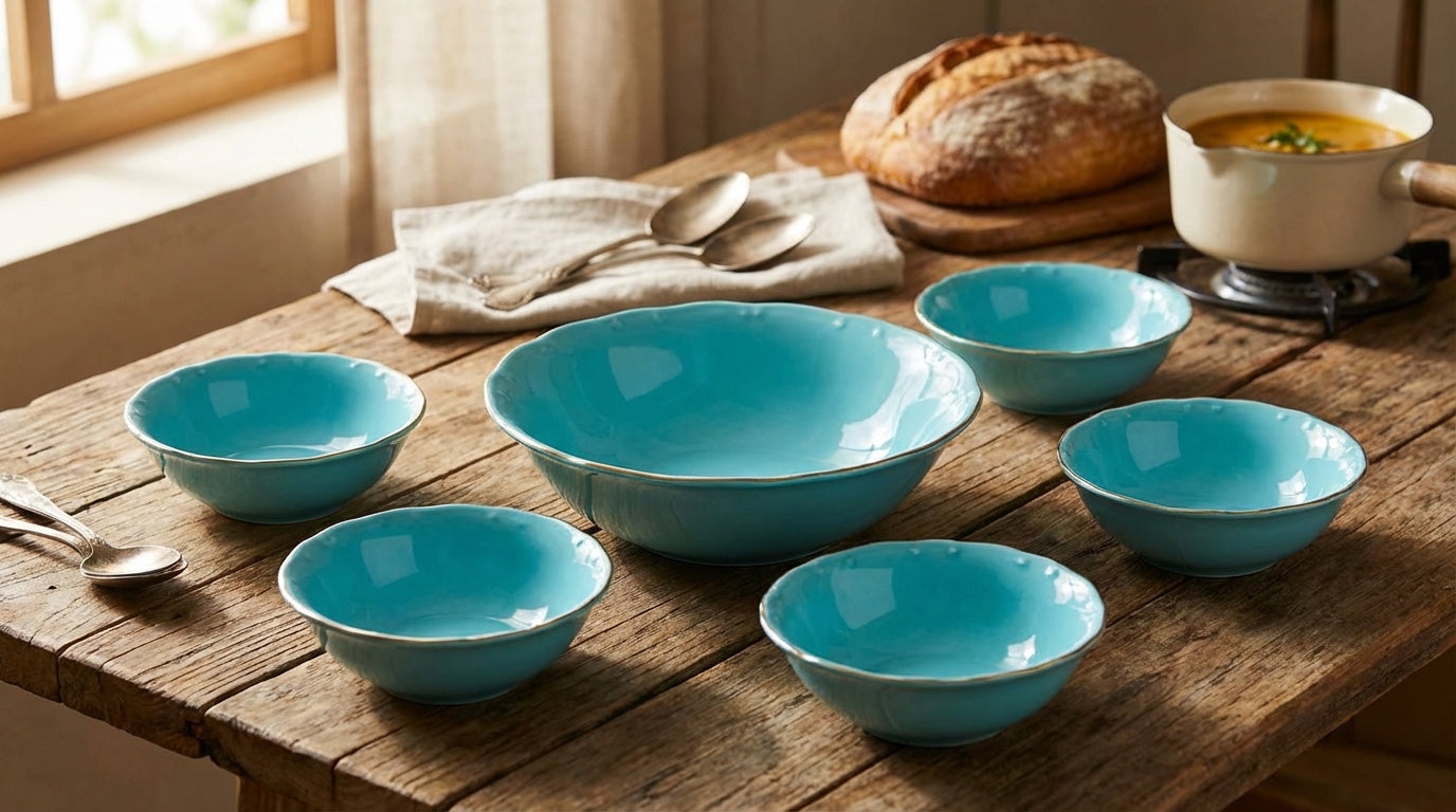 Set of turquoise bowls on a wooden table with bread and soup.