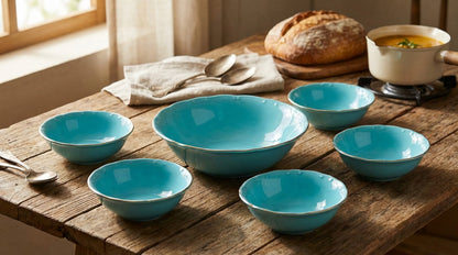 Set of turquoise bowls on a wooden table with bread and soup.