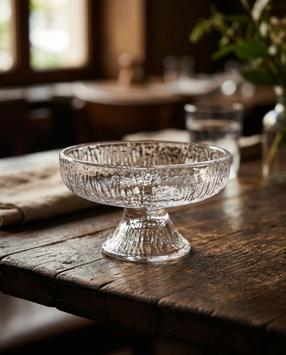 Empty clear glass dessert coupe with textured bowl and pedestal