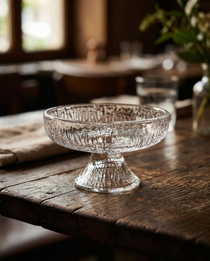 Empty clear glass dessert coupe with textured bowl and pedestal
