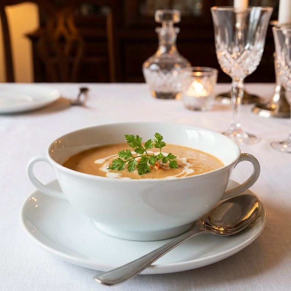 White bowl of soup with a sprig of parsley on a white tablecloth with glasses and candles in the background.