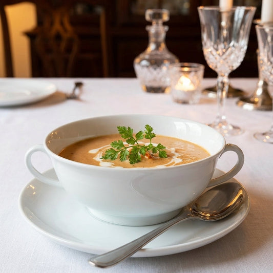 White bowl of soup with a sprig of parsley on a white tablecloth with glasses and candles in the background.