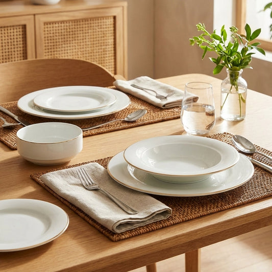 Dining table set with white plates, bowls, and silverware on woven placemats.