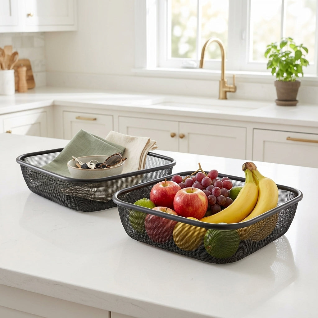 Two black mesh kitchen fruit baskets on a white kitchen island, with one basket holding bananas, apples, grapes, and limes and the other holding folded napkins and a small bowl.