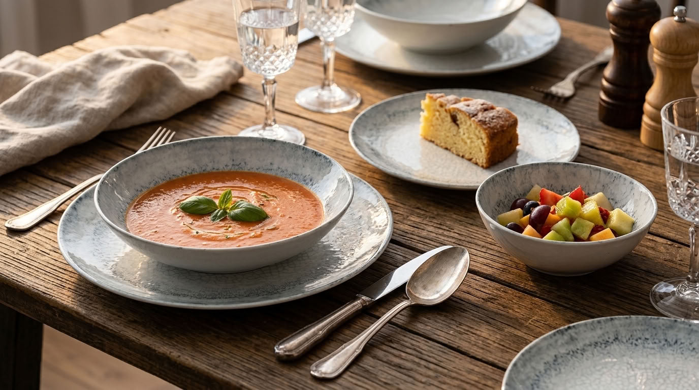 A rustic dining table set with a bowl of tomato soup garnished with basil, a plate of fruit salad, a slice of cake, and matching speckled gray ceramic plates and bowls.