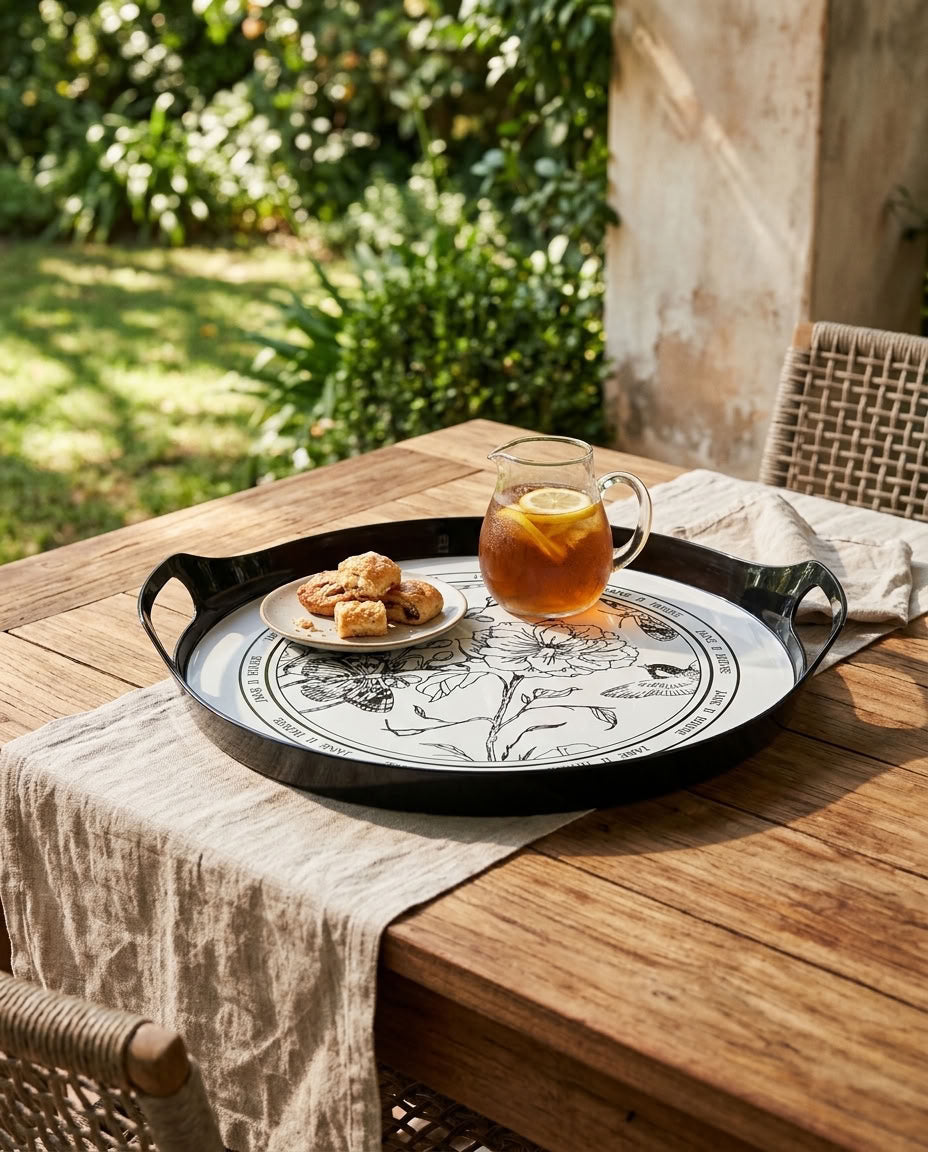 Black floral serving tray – lifestyle presentation