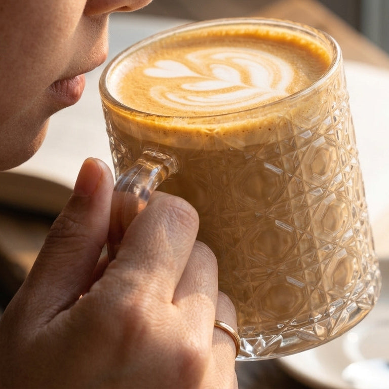 A close-up lifestyle shot of a person holding a textured glass mug filled with a latte coffee drink, with a heart-shaped latte art pattern on top, set on a wooden table next to an open book.