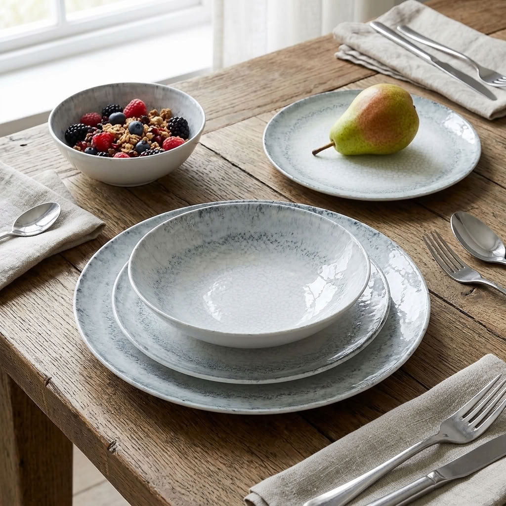 A place setting on a rustic wooden table featuring a matching ceramic dinnerware set with a speckled gray and white glaze, including a charger plate, a bowl, and a shallow plate. The setting is styled with silverware, beige linen napkins, a bowl of mixed berries and granola, and a pear on a plate.