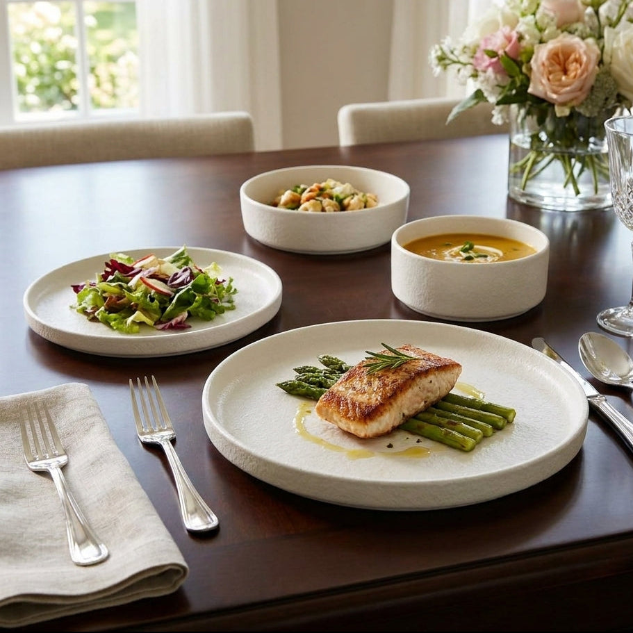 Dining table set with a meal including fish, asparagus, and salad, with a vase of flowers in the background.