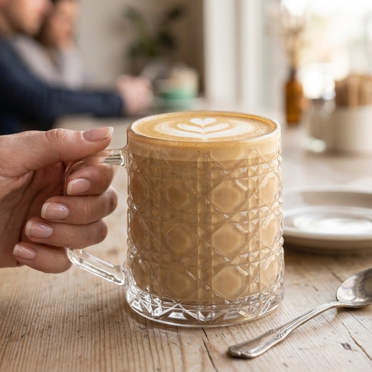 A hand holding a clear textured glass mug filled with a layered coffee drink and topped with latte art, set on a wooden table in a softly blurred cafe interior.