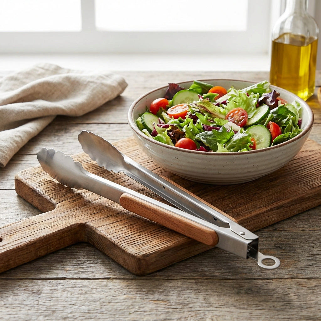 Bowl of salad with tongs on a wooden cutting board