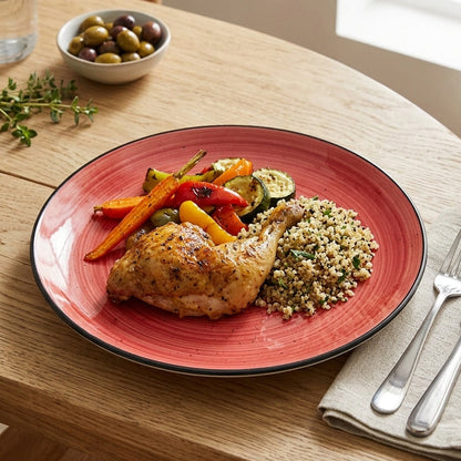 A round ceramic plate with a coral-red interior and a black rim, shown on a wooden table with a plated meal of chicken, vegetables, and couscous. A small bowl of olives, a glass of water, and silverware are also visible in a bright dining setting.