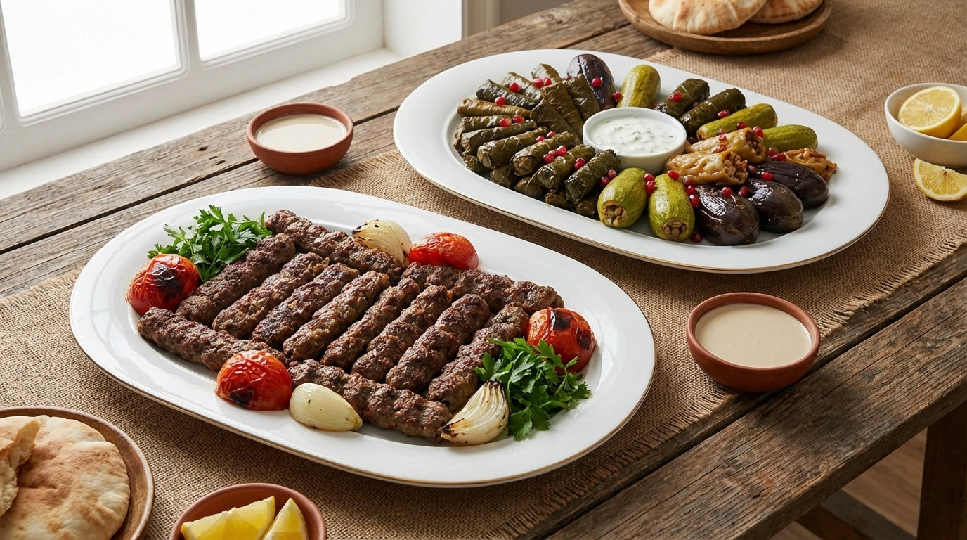 Two plates of grilled meat and vegetables on a wooden table with lemon wedges and pita bread.