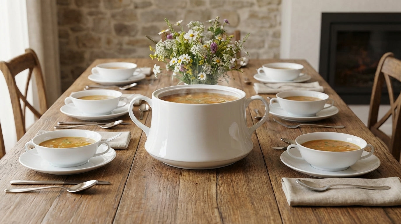 Dining table set with white soup bowls and a large white soup tureen, with a fireplace in the background.