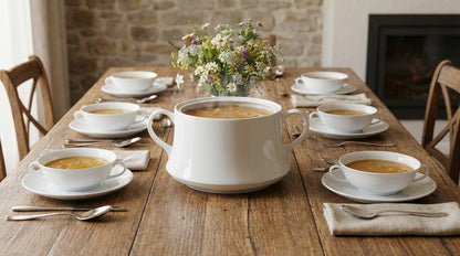 Dining table set with white soup bowls and a large white soup tureen, with a fireplace in the background.