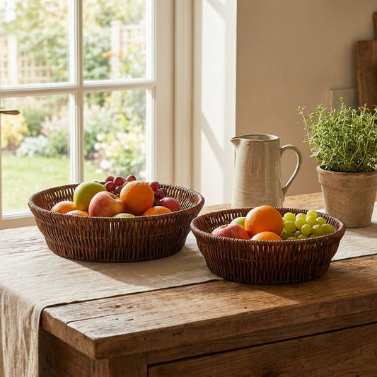 Two wicker baskets filled with fruits on a wooden table near a window.