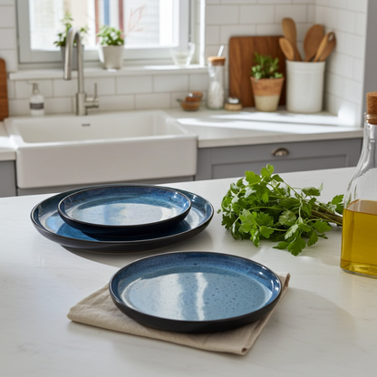 Blue ceramic plates on a kitchen counter with herbs and a bottle of oil.