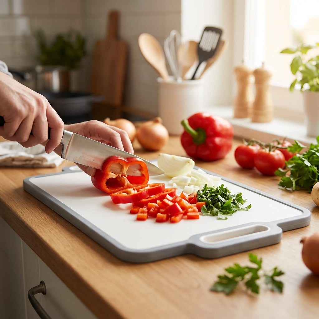 Person cutting vegetables on a white cutting board in a kitchen.