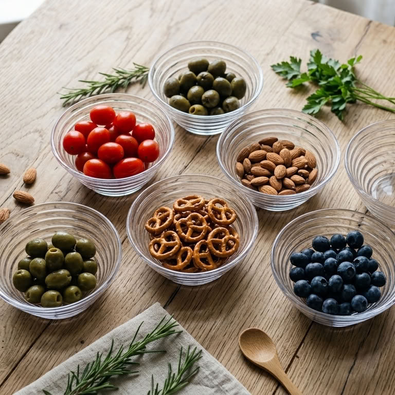 Six clear glass bowls arranged on a rustic wooden table, containing red cherry tomatoes, green olives, almonds, pretzels, blueberries, and one empty bowl. Fresh herbs, almonds, and a wooden spoon are placed around them.