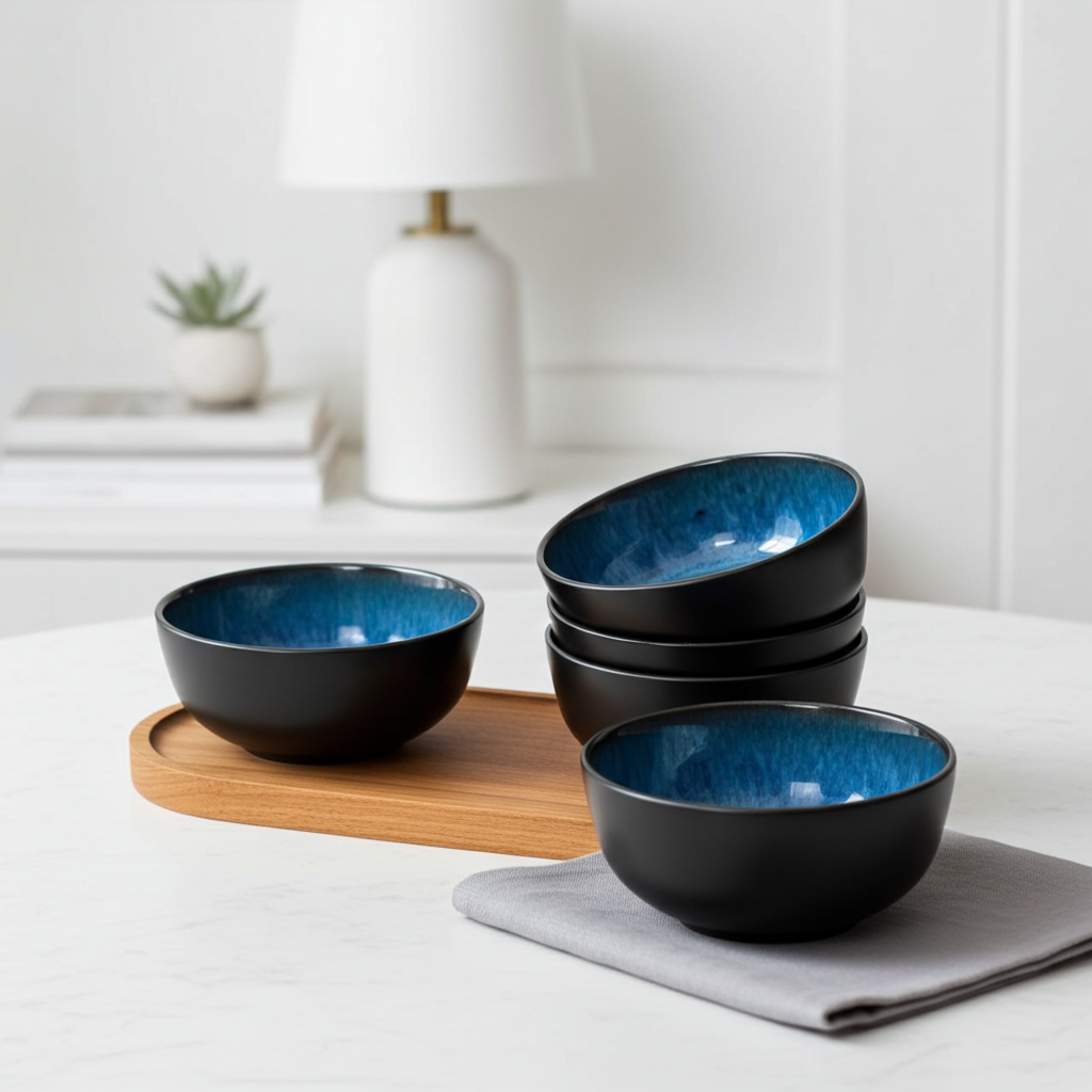 Set of blue ceramic bowls on a wooden tray and gray napkin with a white lamp and plant in the background.