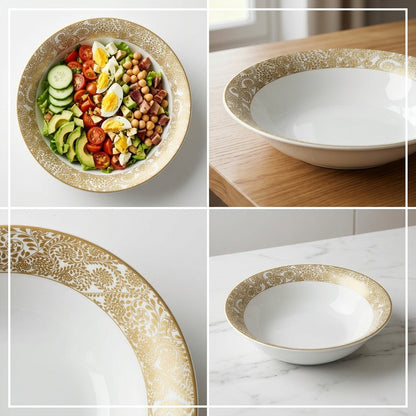 Collage of white bowls with gold decorative rims on a marble surface.